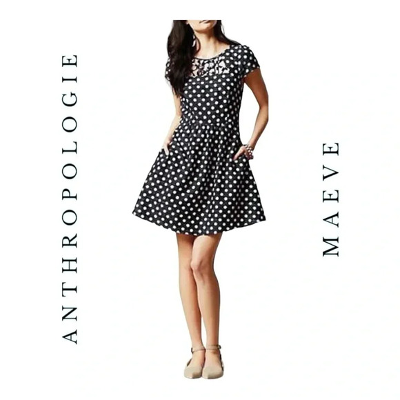 1434.‎ ANTHROPOLOGIE MAEVE NICOLA MINI DRESS BLACK AND WHITE IN COLOR POLKA DOT - Picture 1 of 11